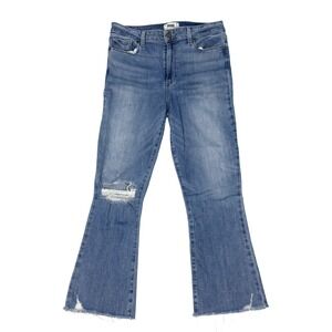 Designer PAIGE Rory Crop Flare Jeans Womens Size 31 Mid Rise Raw Hem Denim Blue